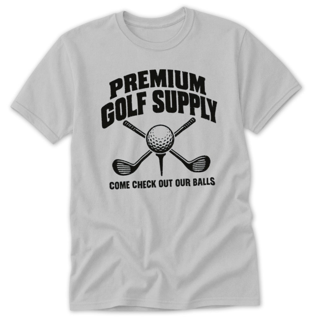 T-shirt with text "PREMIUM GOLF SUPPLY" and crossed golf clubs with ball.