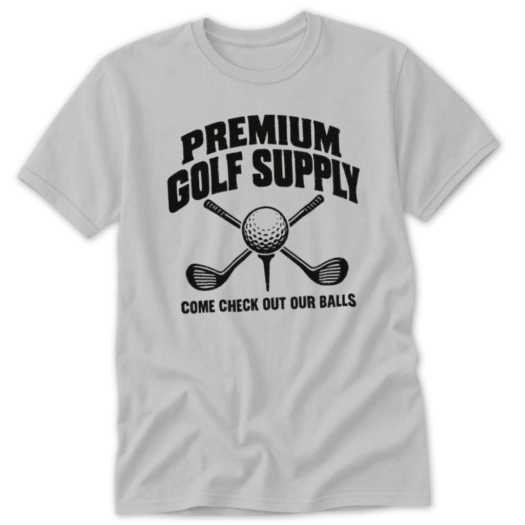 T-shirt with text "PREMIUM GOLF SUPPLY" and crossed golf clubs with ball.