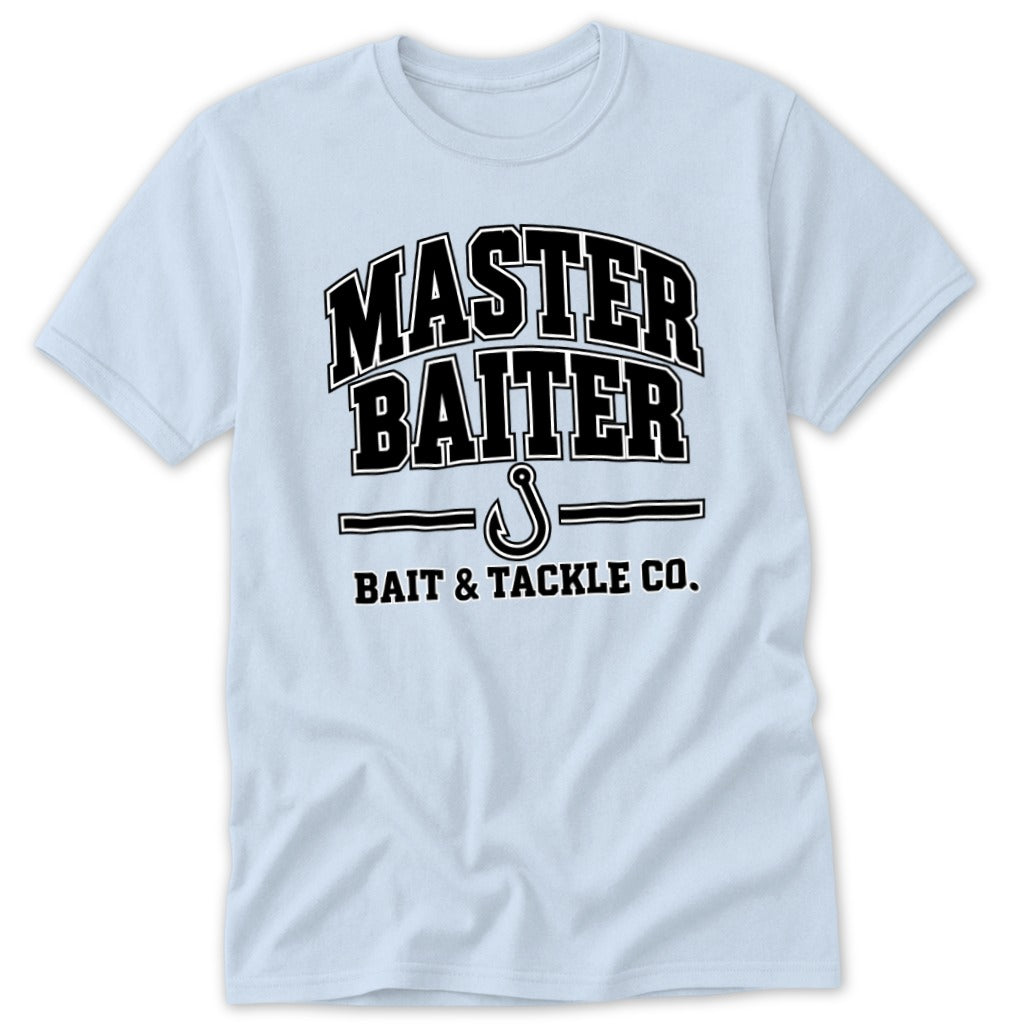 Light blue t-shirt with "MASTER BAITER BAIT & TACKLE CO." text and fishing hook graphic.