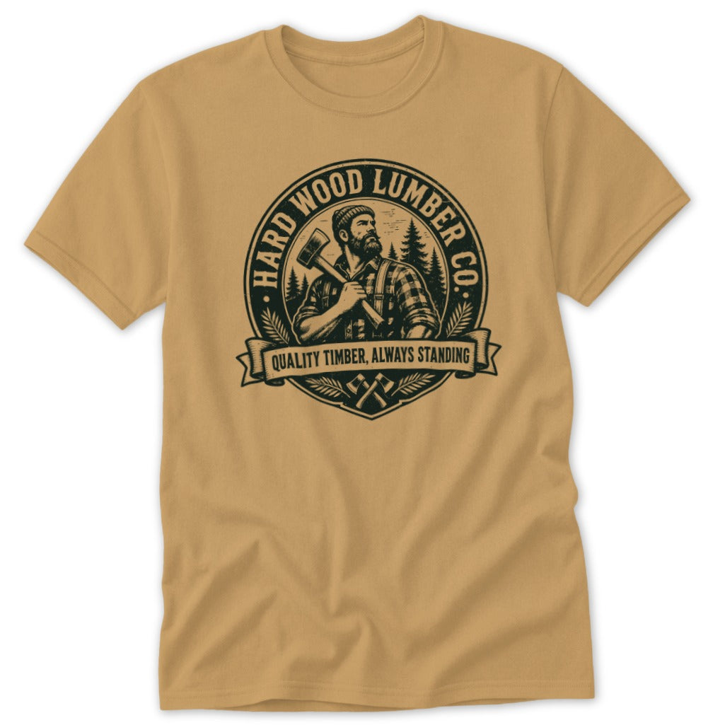 Tan short-sleeve t-shirt with a black graphic of a lumberjack holding an axe and text reading "Hard Wood Lumber Co."
