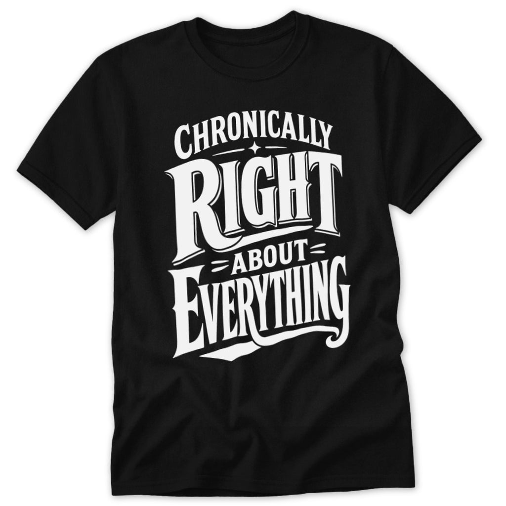 A black short-sleeved t-shirt featuring the white text "Chronically Right About Everything" on the front.