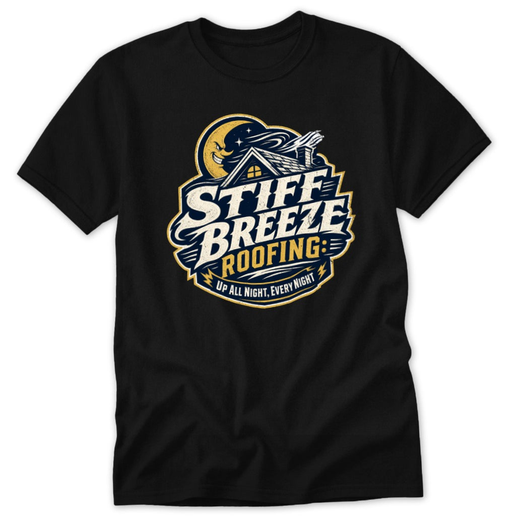 Black t-shirt featuring a graphic design with a crescent moon, a house, and text reading Stiff Breeze Roofing.