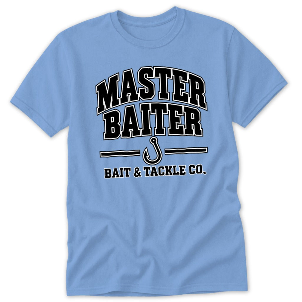 Light blue t-shirt with "MASTER BAITER BAIT & TACKLE CO." text and a fishing hook.