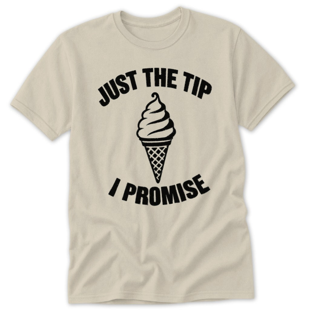 Light beige t-shirt with black graphic of an ice cream cone and text.