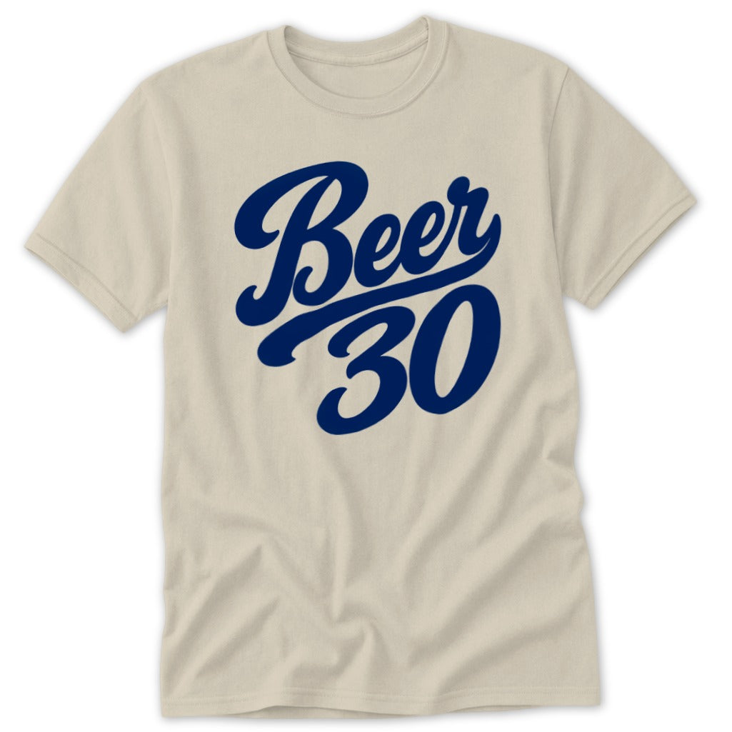 Cream t-shirt with blue "Beer 30" graphic in script font.