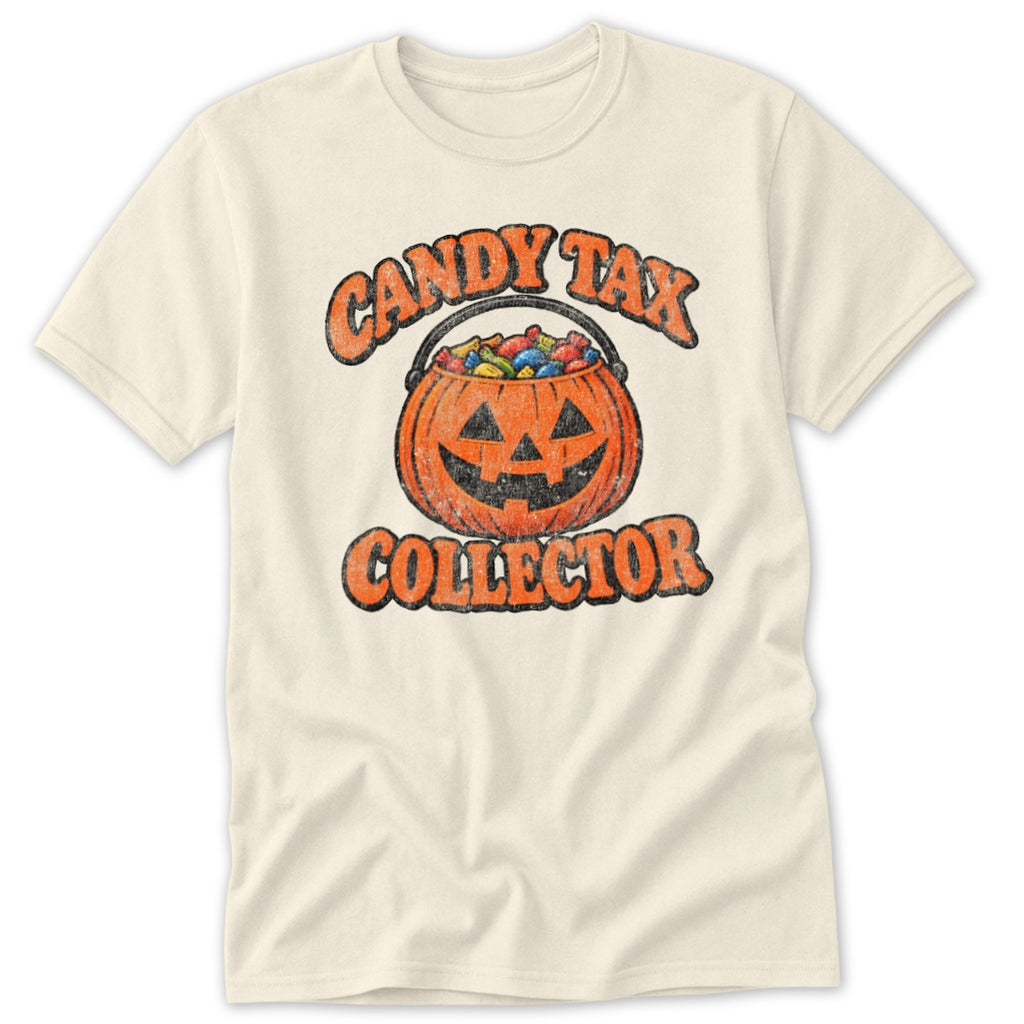 Cream t-shirt with "Candy Tax Collector" and jack-o'-lantern design.
