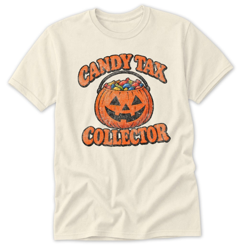 Cream t-shirt with "Candy Tax Collector" and jack-o'-lantern design.