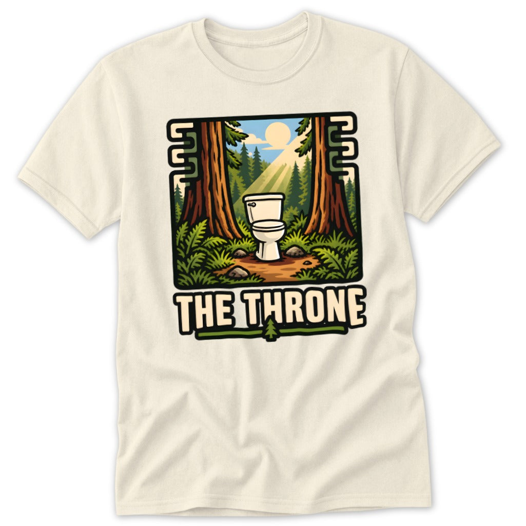 Toilet in forest scene with text "THE THRONE" on a cream t-shirt.