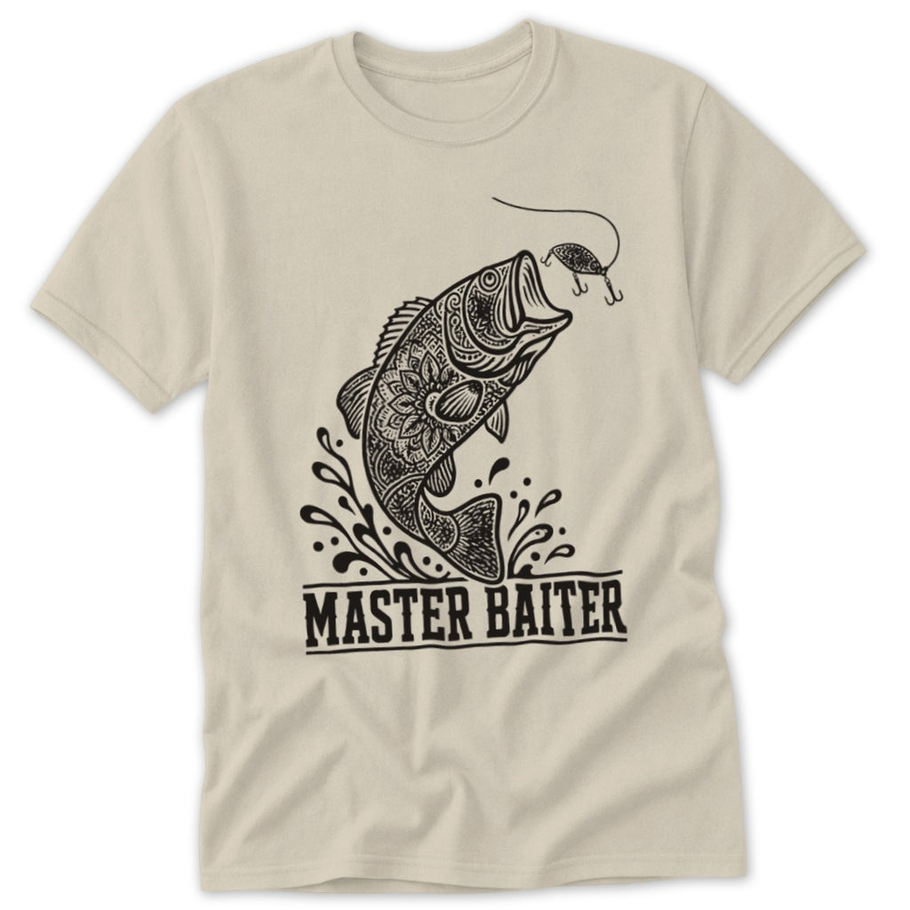 T-shirt with black graphic of a bass jumping for a lure and text "MASTER BAITER".