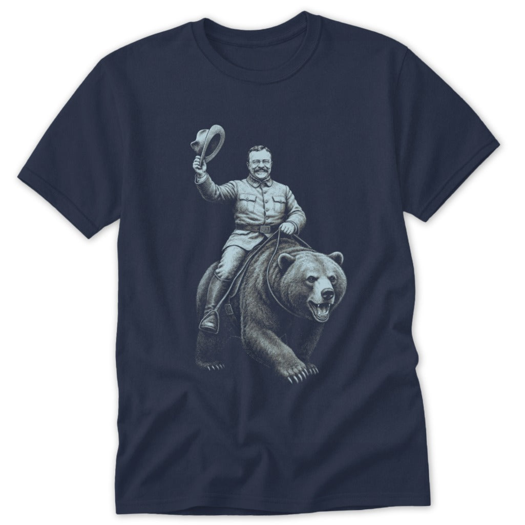 Theodore Roosevelt on horseback riding a bear, holding a hat.