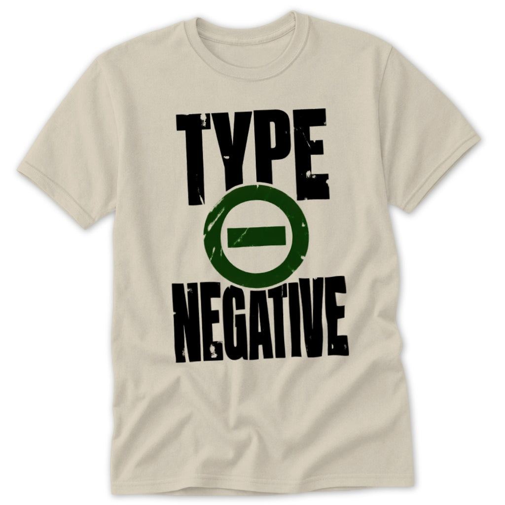 Cream t-shirt with black "TYPE" and "NEGATIVE" text and green circle logo.
