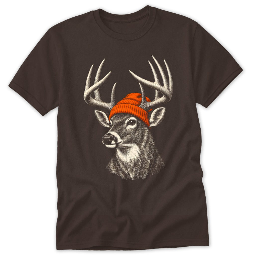 A dark brown t-shirt featuring a graphic of a deer wearing an orange beanie.