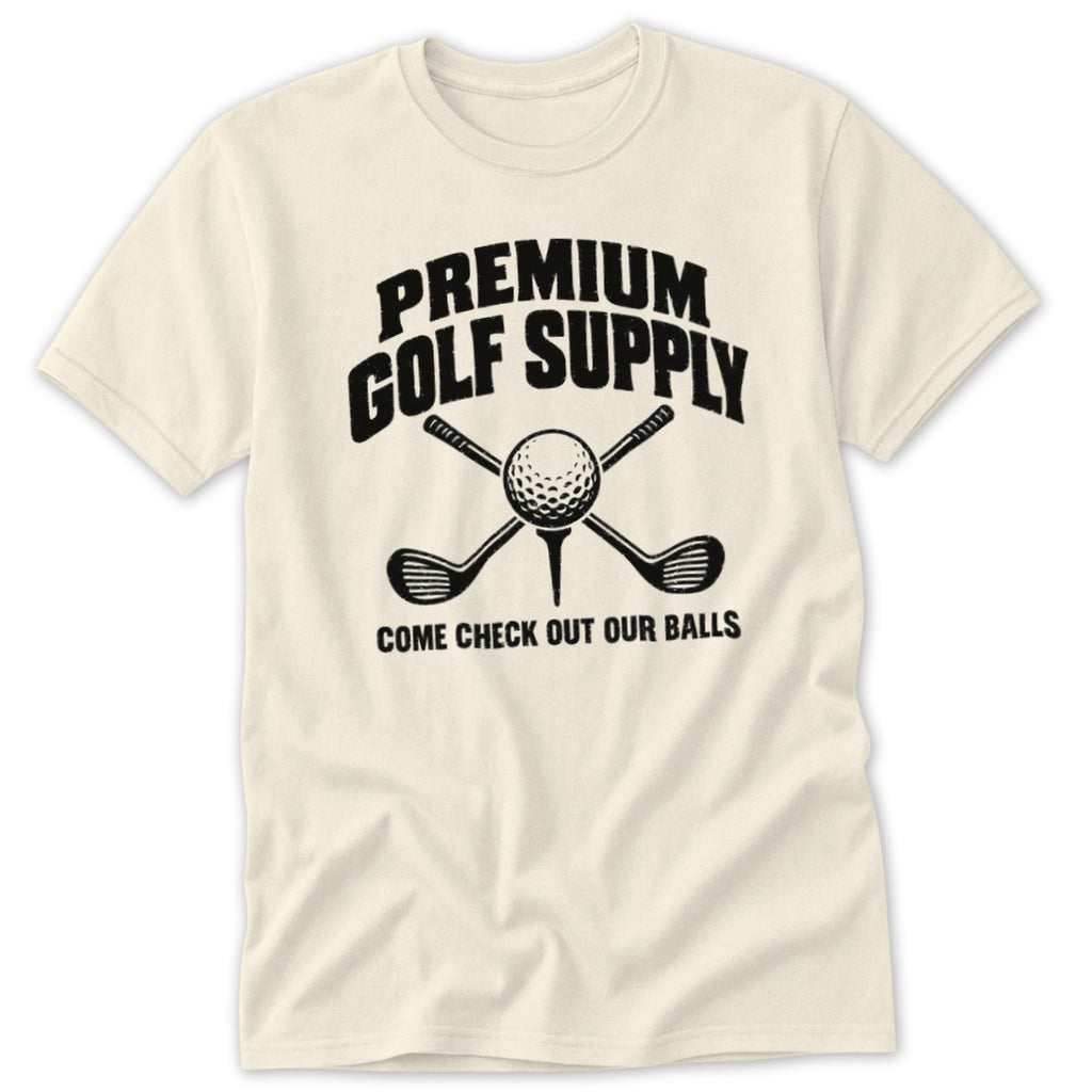 Cream t-shirt with "Premium Golf Supply" and golf ball on tee.
