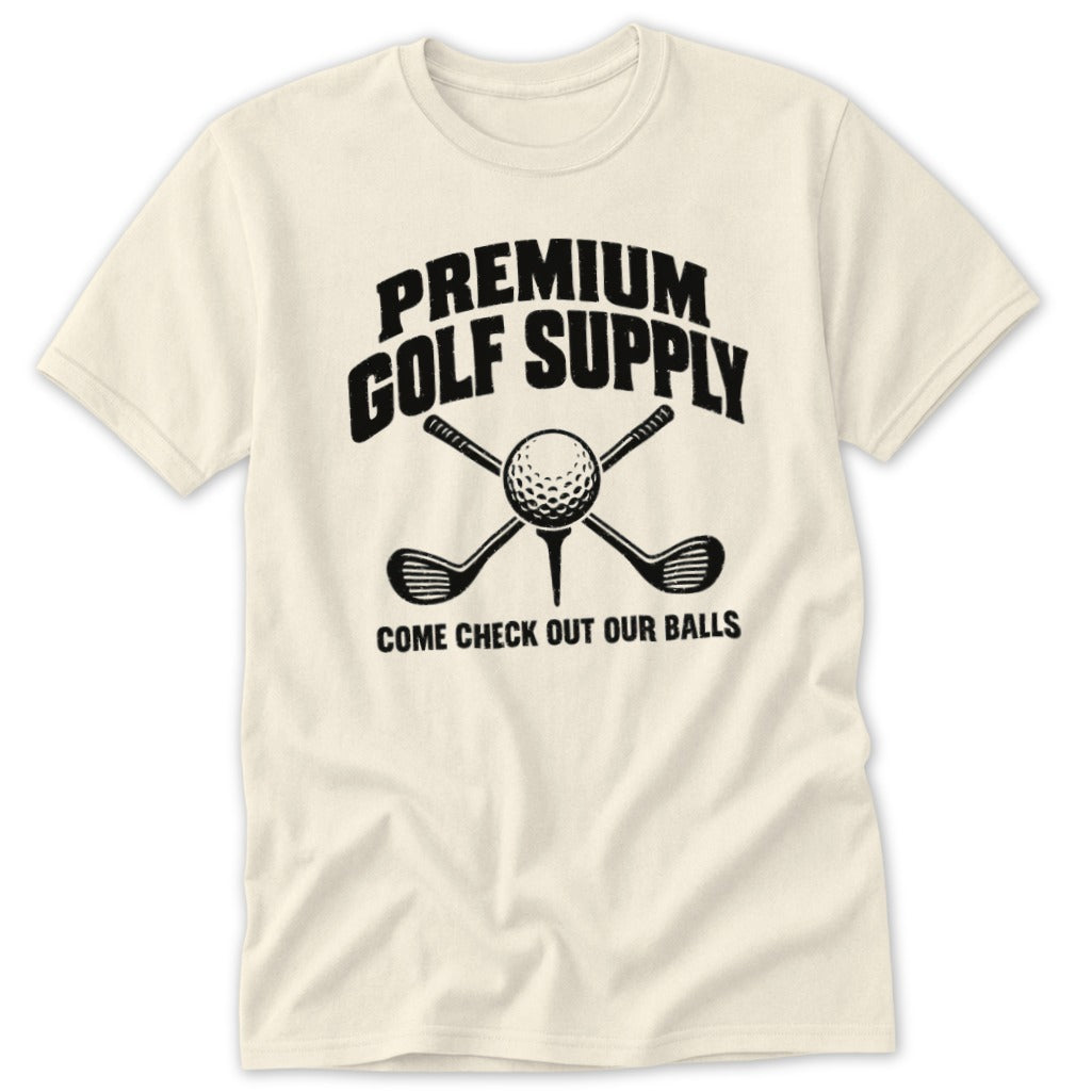 Cream t-shirt with "Premium Golf Supply" and golf ball on tee.