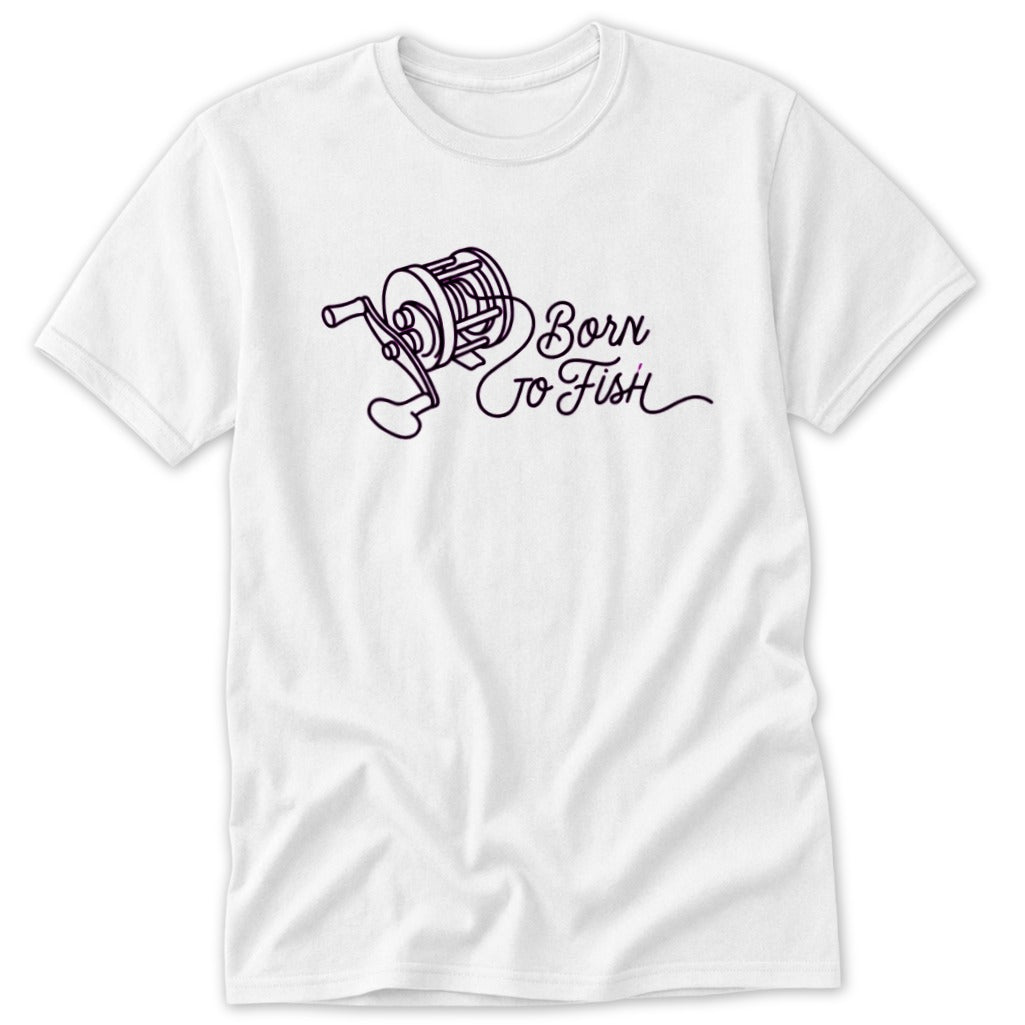 White t-shirt with purple line art of fishing reel and "Born to Fish" text.