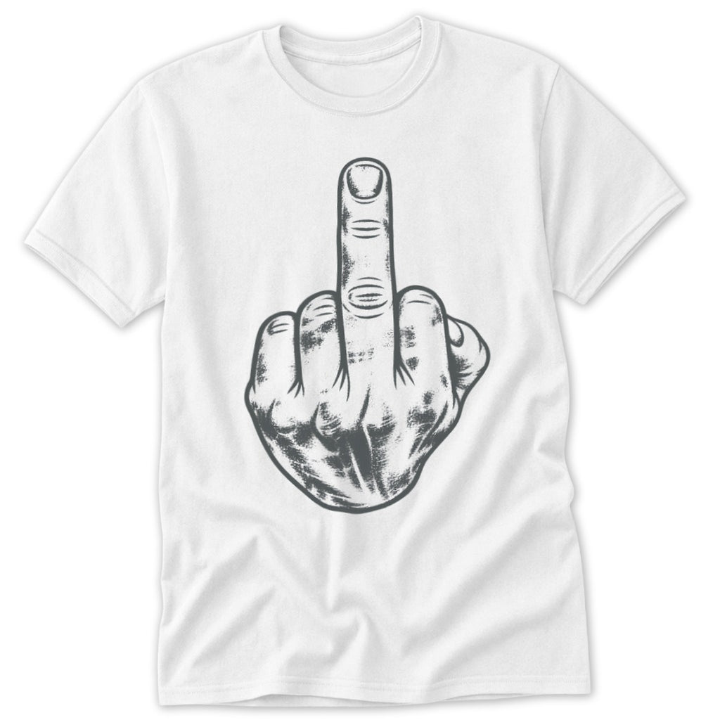 White t-shirt with a graphic of a hand giving the middle finger.