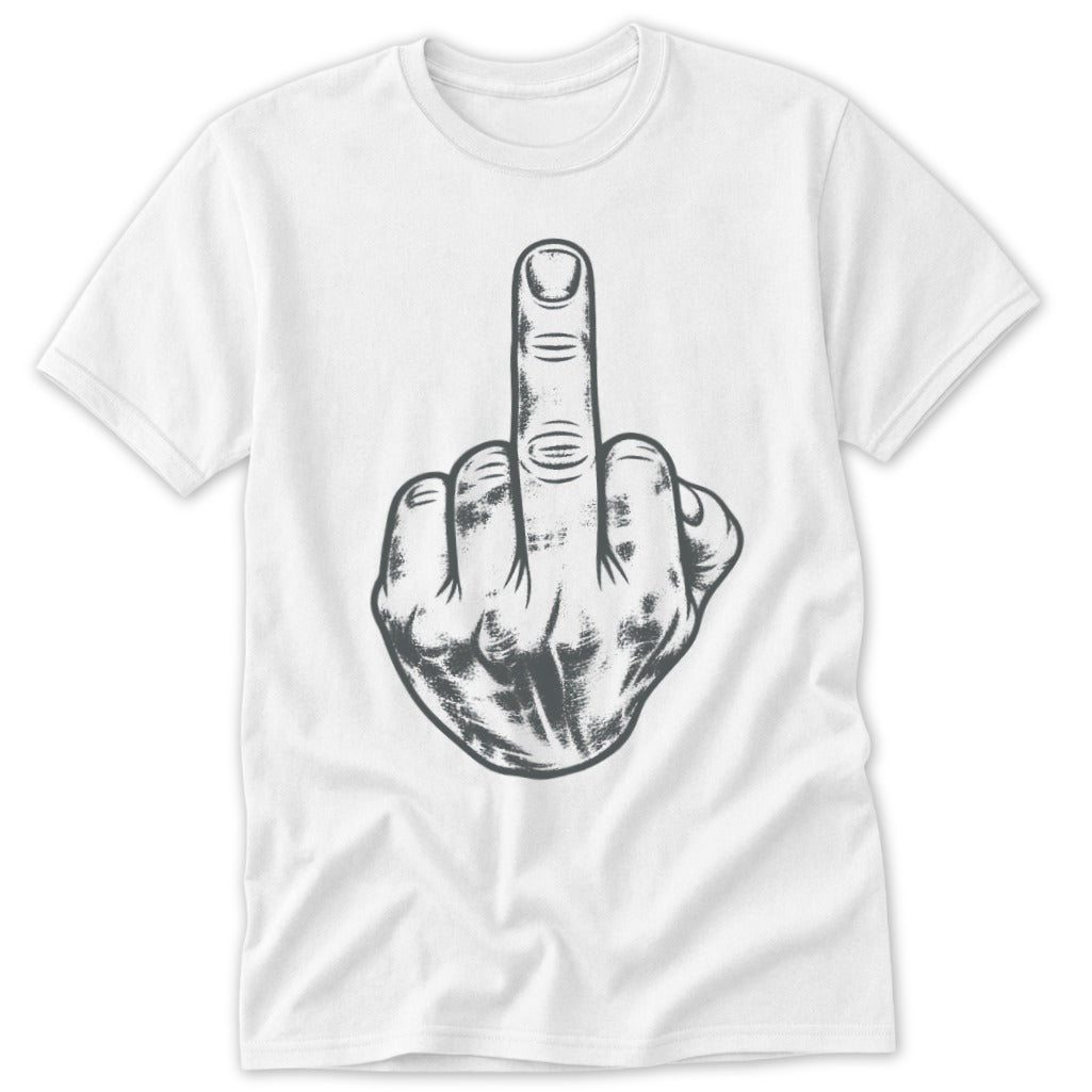 White t-shirt with a graphic of a hand giving the middle finger.
