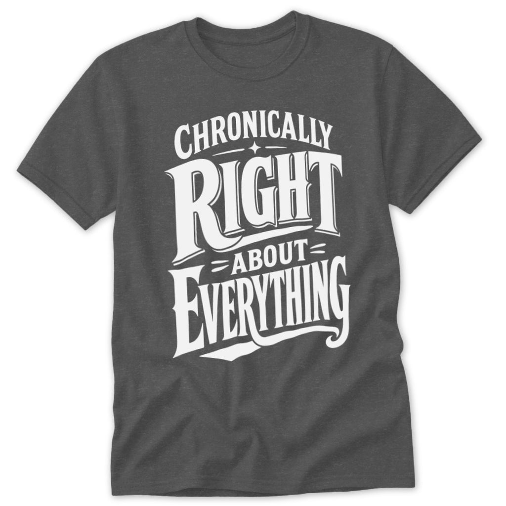Dark gray crewneck t-shirt with white text that reads Chronically Right About Everything.