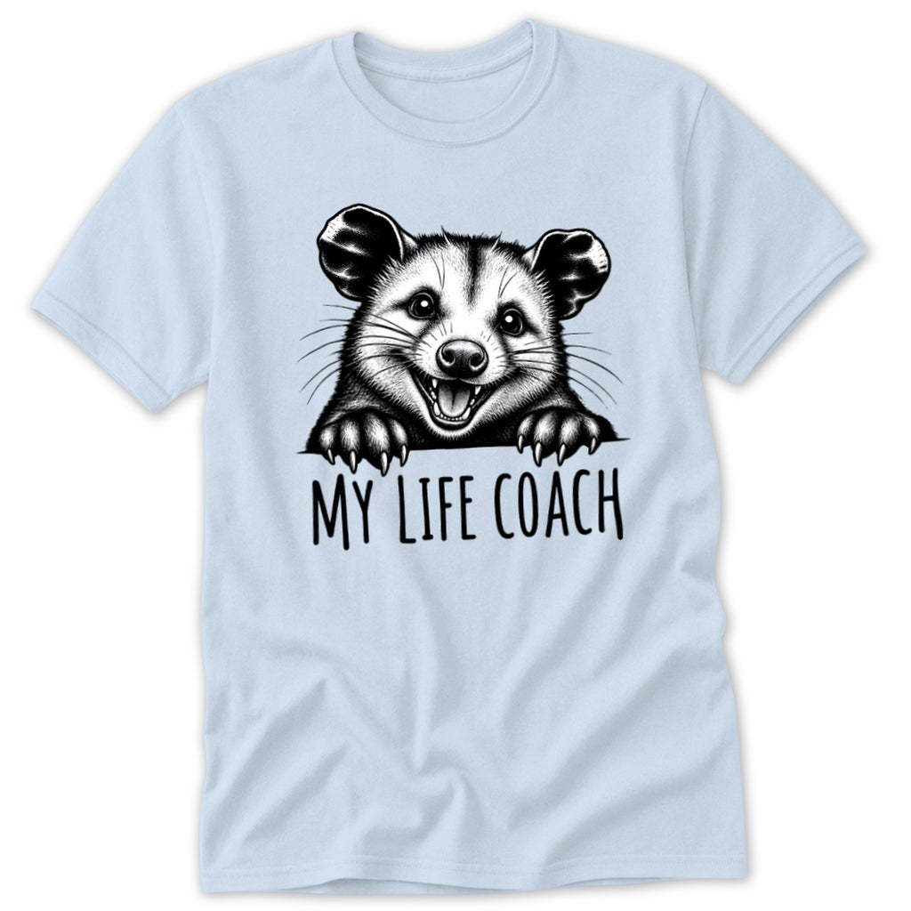 Light blue t-shirt with raccoon graphic and text "MY LIFE COACH".