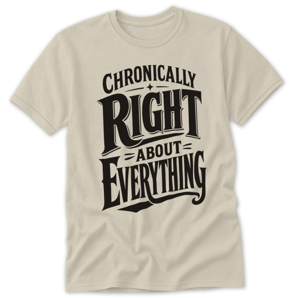 Light beige short-sleeve t-shirt with black vintage-style typography reading "Chronically Right About Everything" centered on the chest.