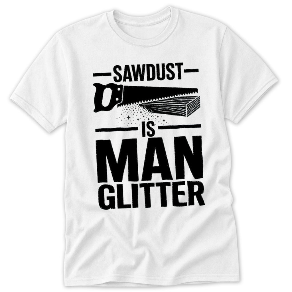 White t-shirt with black text and graphics: Sawdust is Man Glitter.
