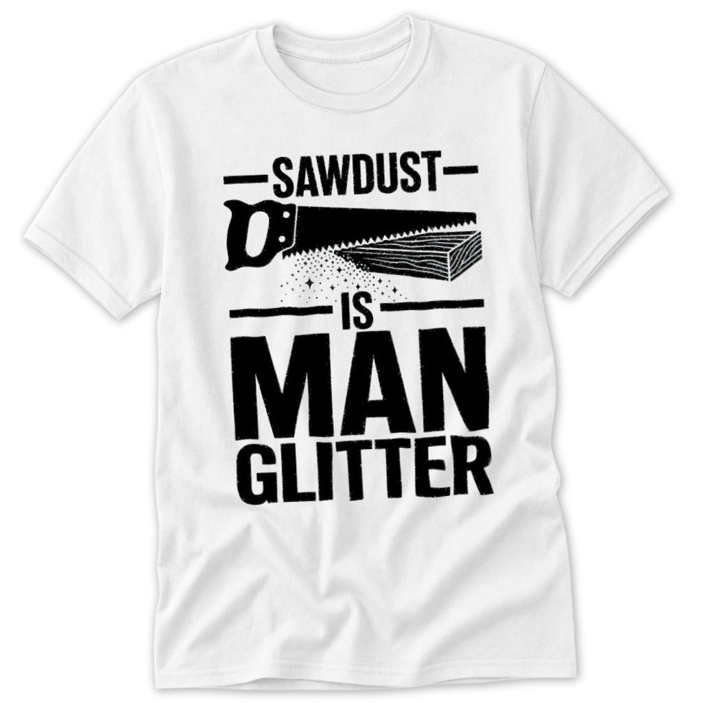 White t-shirt with black text and graphics: Sawdust is Man Glitter.