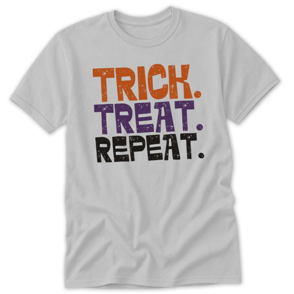 Light gray t-shirt with "TRICK. TREAT. REPEAT." text in orange, purple, and black.