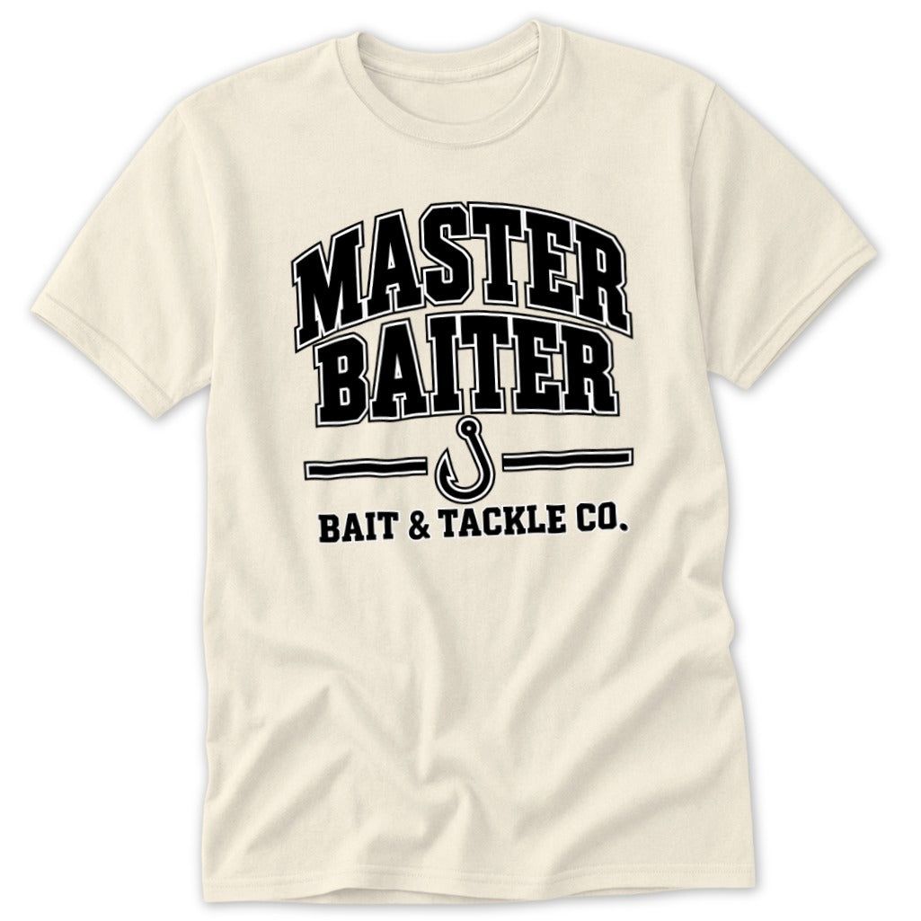 Cream t-shirt with black text "MASTER BAITER BAIT & TACKLE CO." and a fish hook.