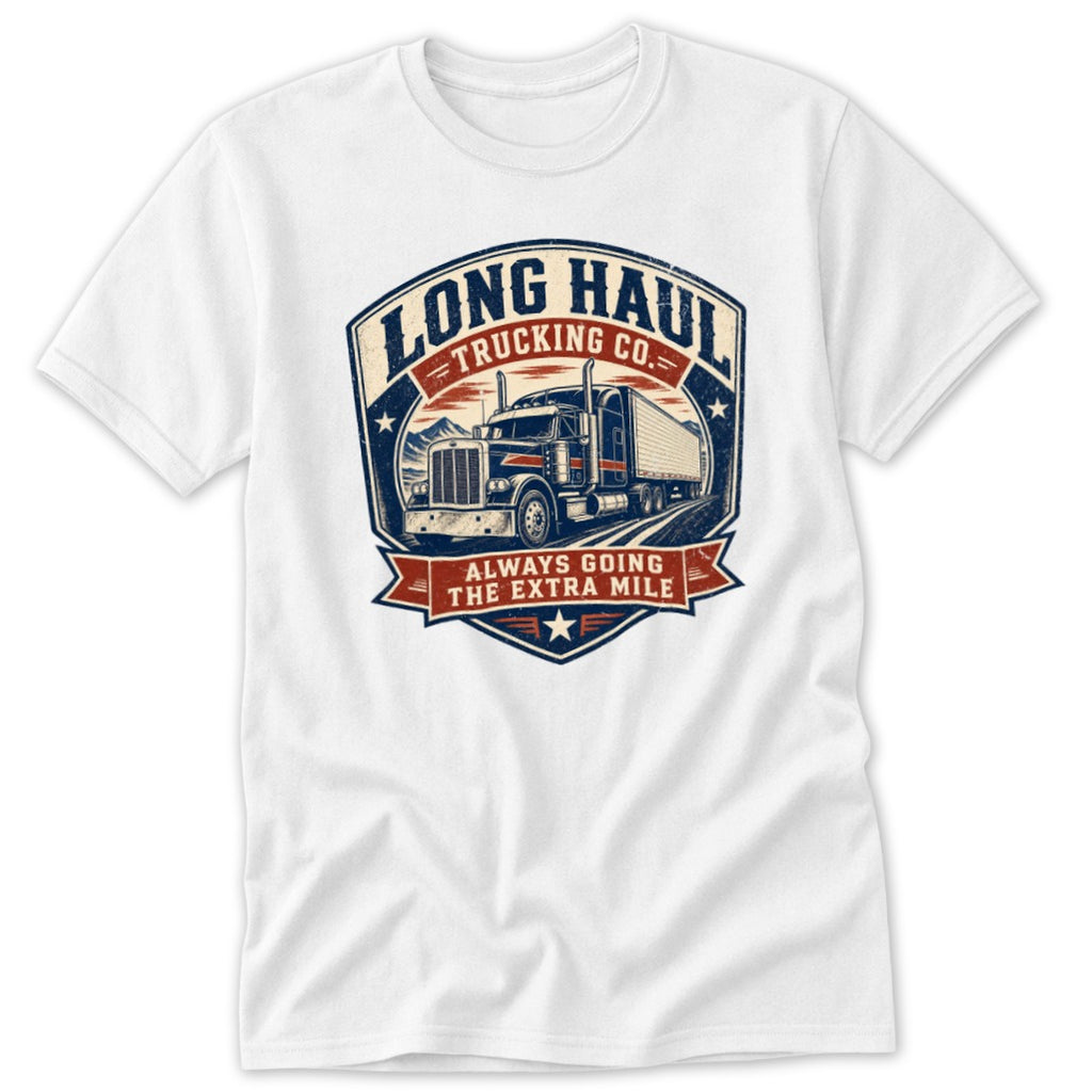 A white t-shirt featuring a vintage retro graphic with a semi truck and text reading Long Haul Trucking Co.
