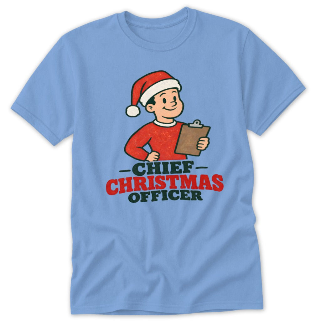 Boy in Santa hat holds clipboard with text: Chief Christmas Officer.