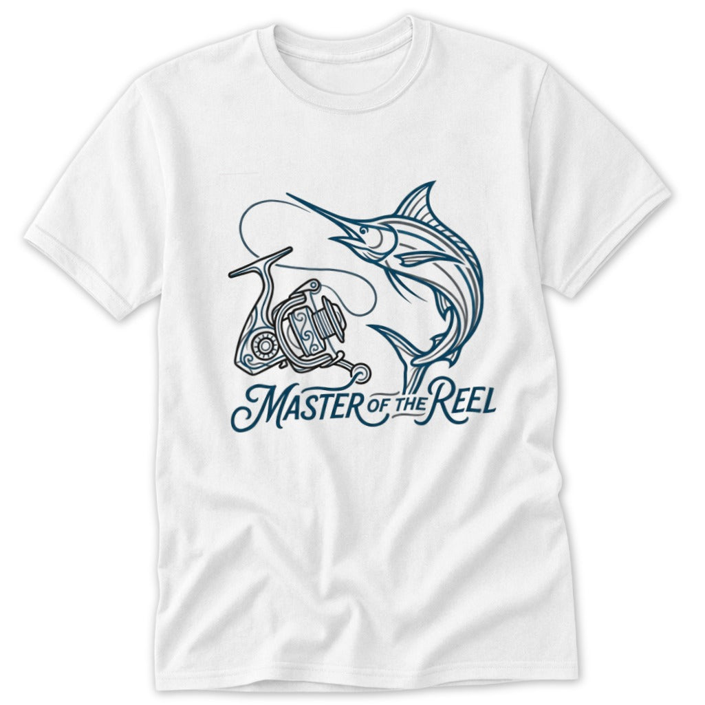 White t-shirt with blue marlin and fishing reel graphic and text "MASTER of the REEL".
