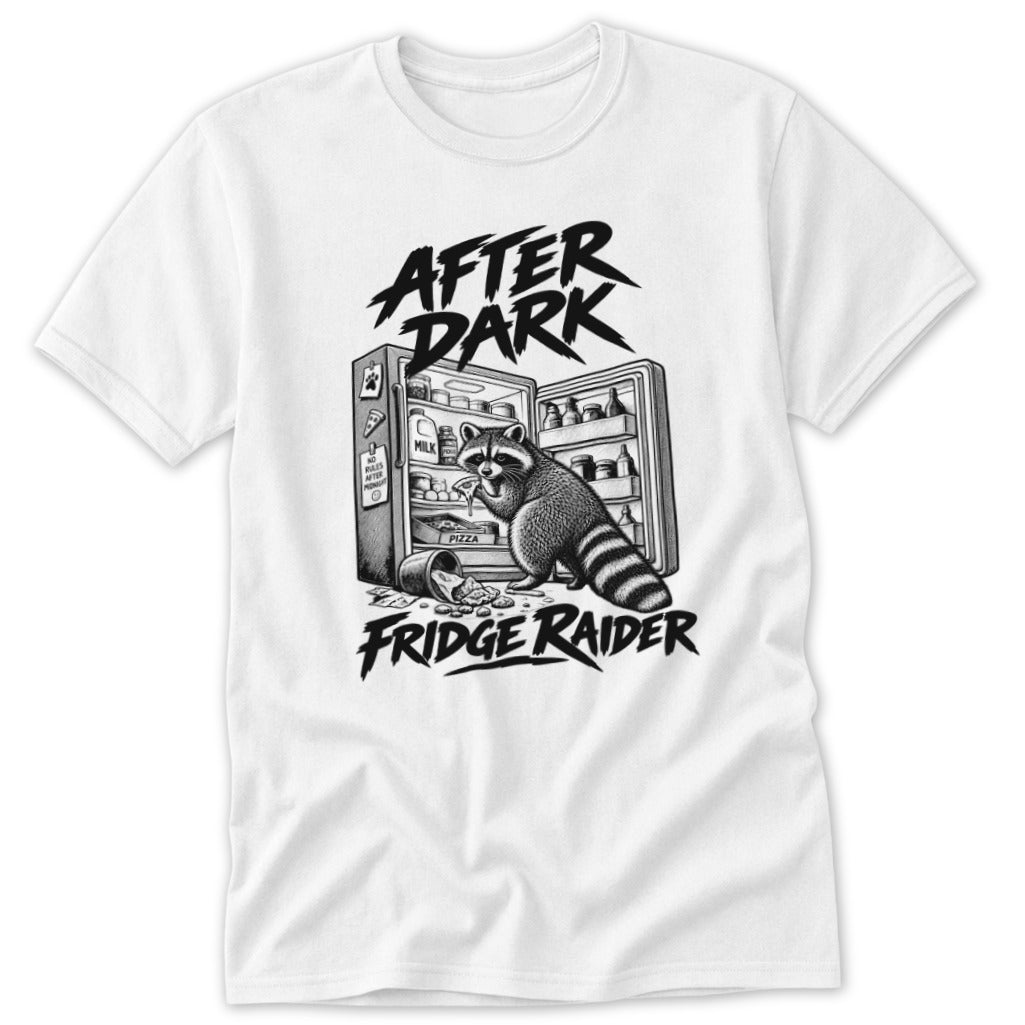 Black and white graphic of a raccoon raiding a refrigerator, with text "After Dark Fridge Raider".