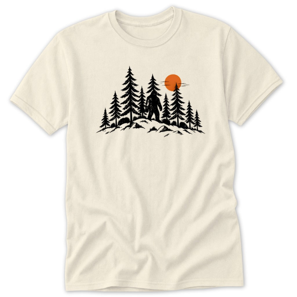Bigfoot silhouette among pine trees with orange sun in a minimalist forest landscape.