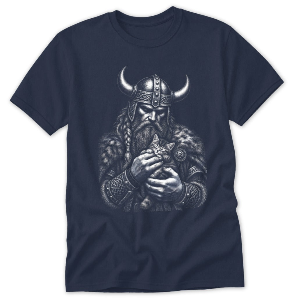 A dark blue crewneck t-shirt featuring a detailed white graphic of a bearded Viking wearing a horned helmet and cradling a small kitten.
