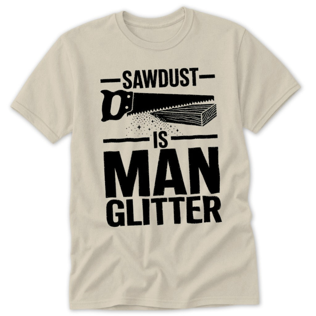 Cream t-shirt with black text and graphics reading "Sawdust is Man Glitter."
