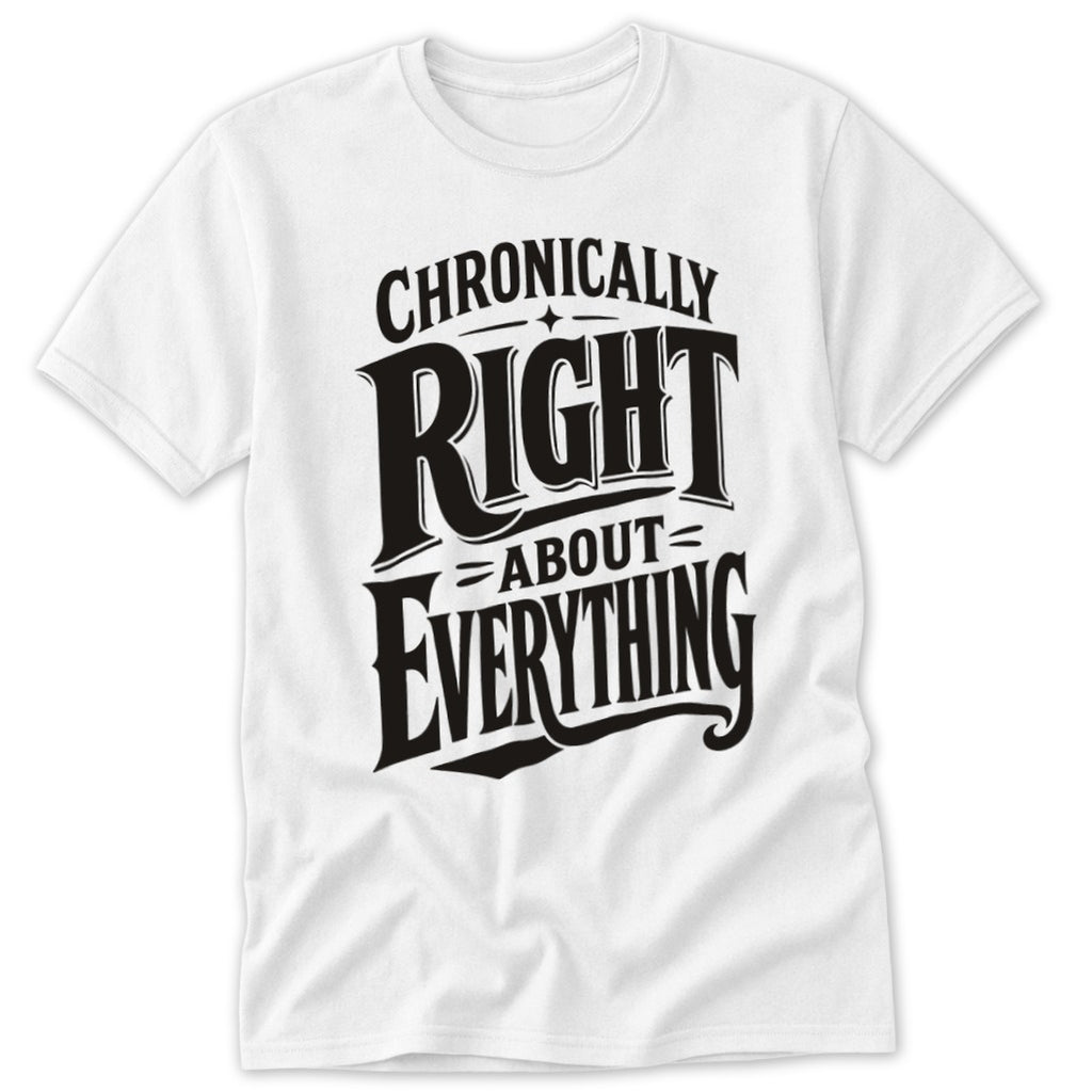 A white t-shirt featuring bold black text that reads "Chronically Right About Everything".