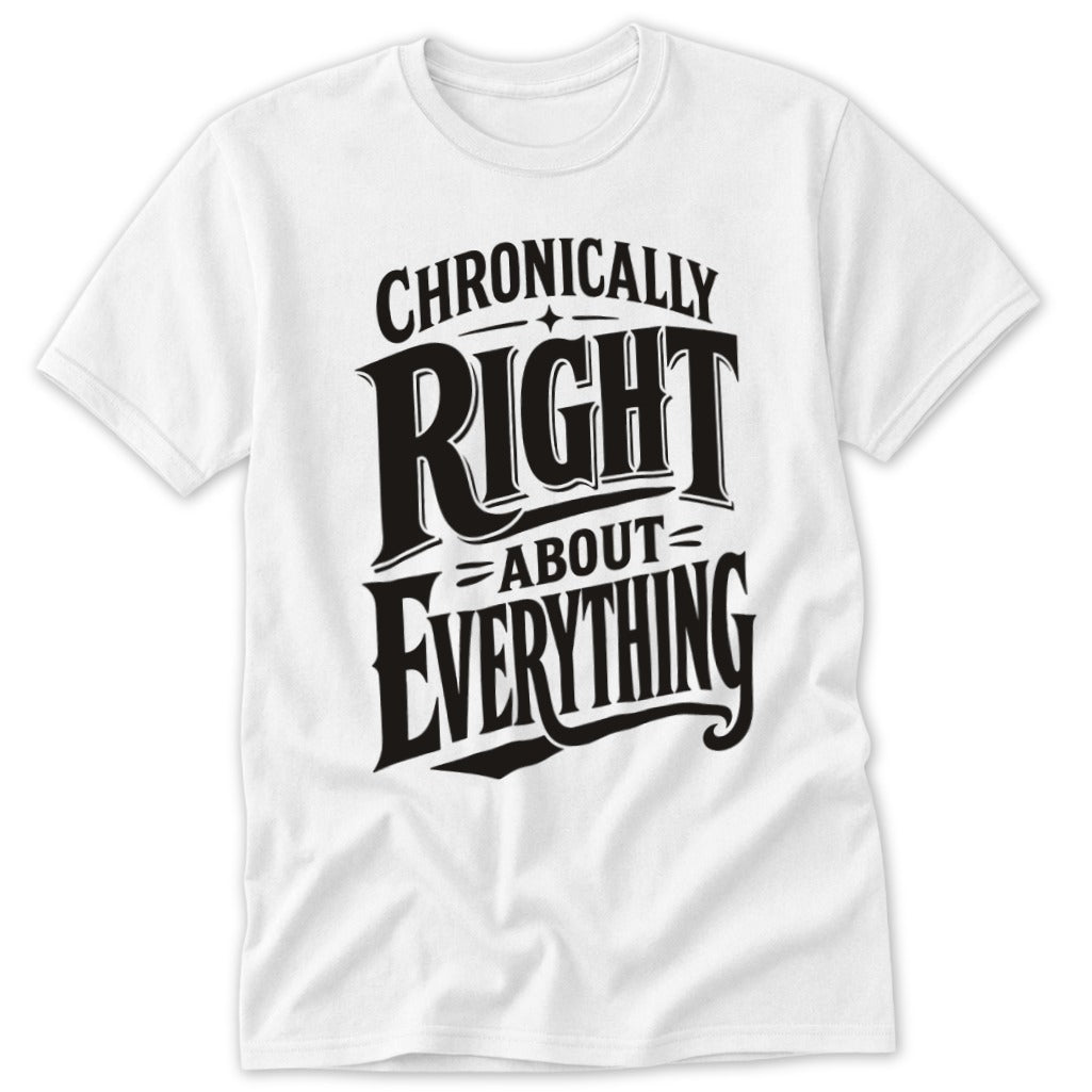 A white t-shirt featuring bold black text that reads "Chronically Right About Everything".