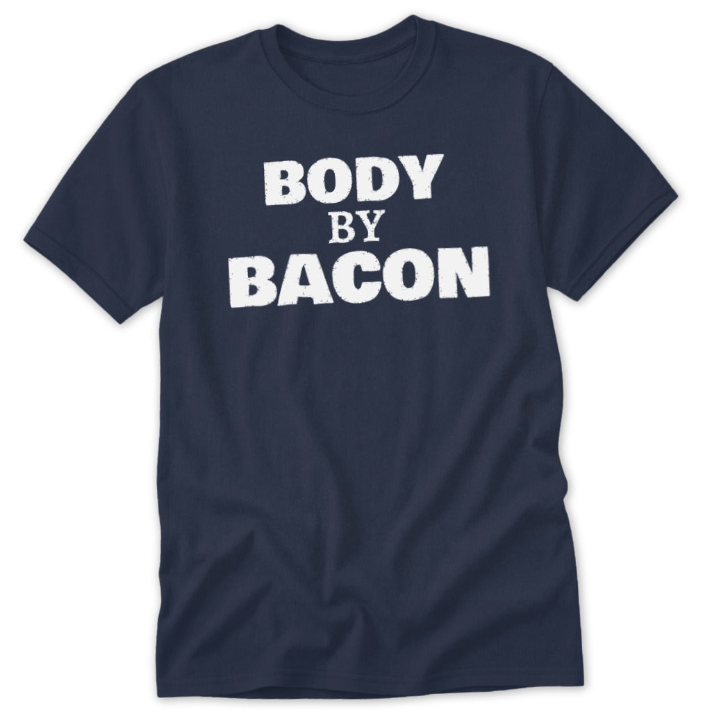 Navy t-shirt with white text reading "BODY BY BACON".