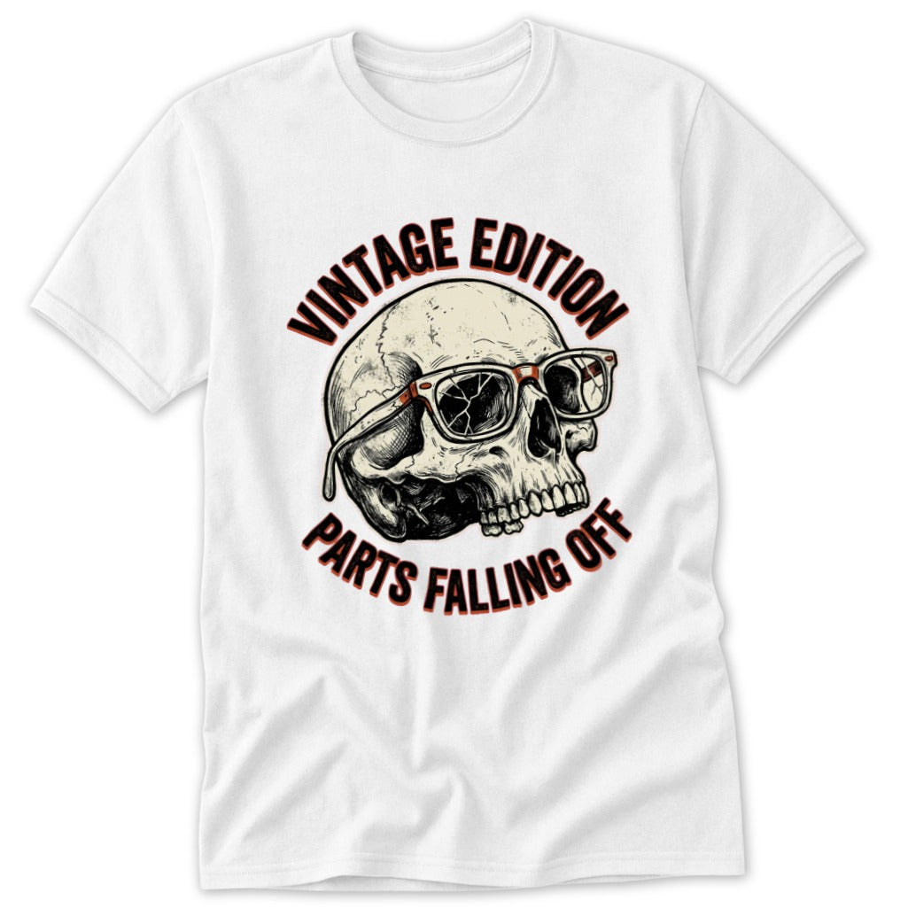 White t-shirt with a vintage skull wearing broken glasses and text.