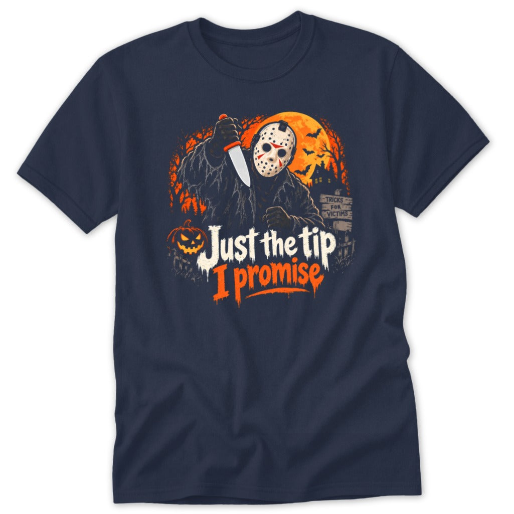 Navy t-shirt with Jason Voorhees graphic and "Just the tip I promise" text.