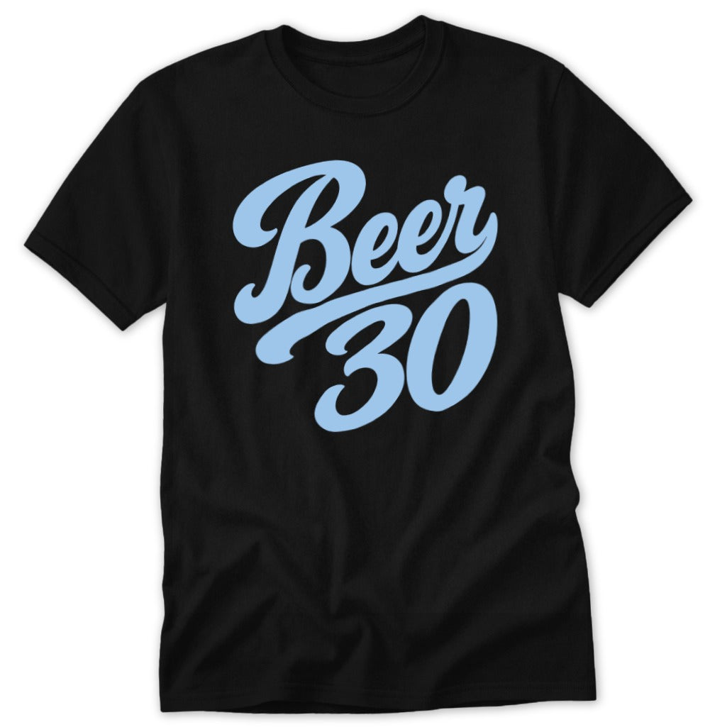 Black t-shirt with "Beer 30" in light blue cursive font.