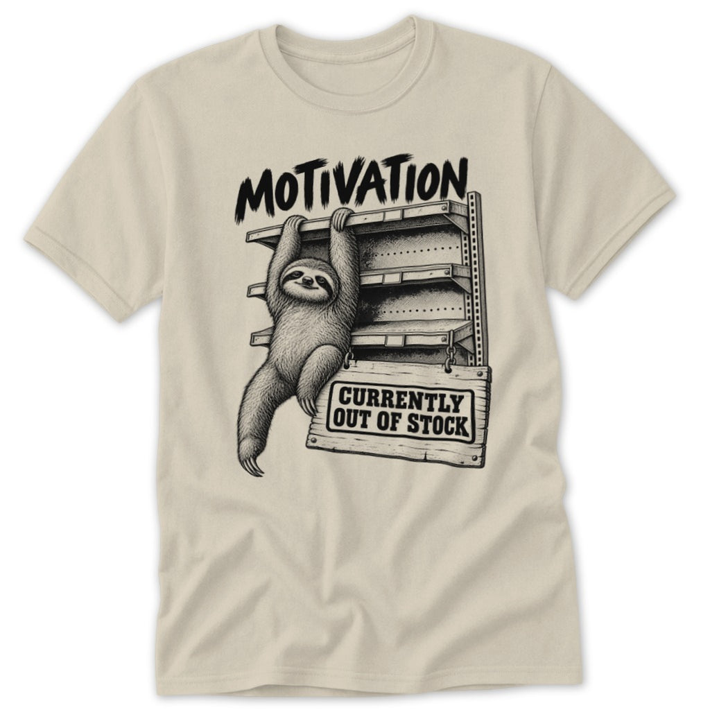 Sloth hanging from empty shelves with "Motivation" and "Currently Out of Stock" text.