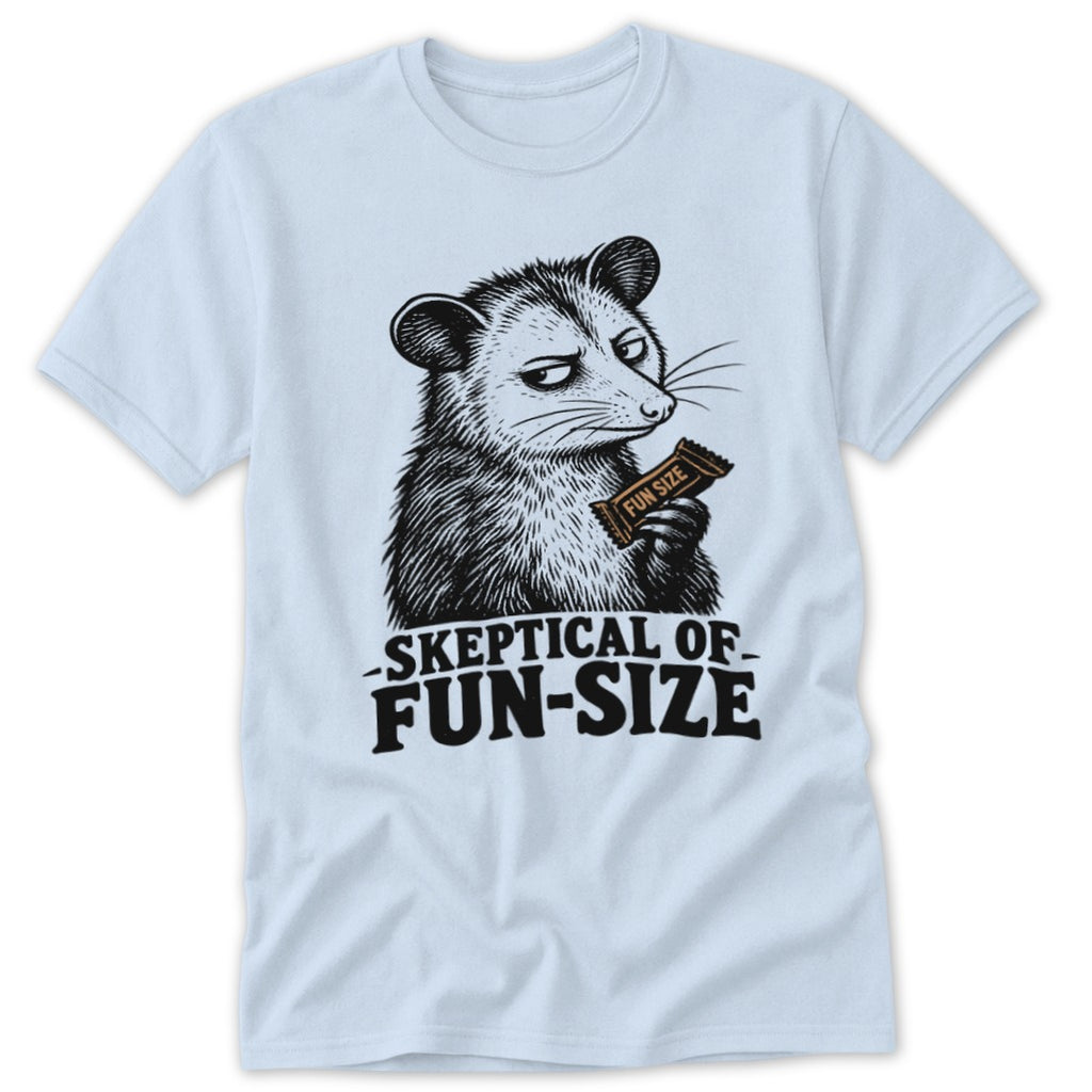 Opossum holding a fun size candy bar, text reads "Skeptical of Fun-Size."