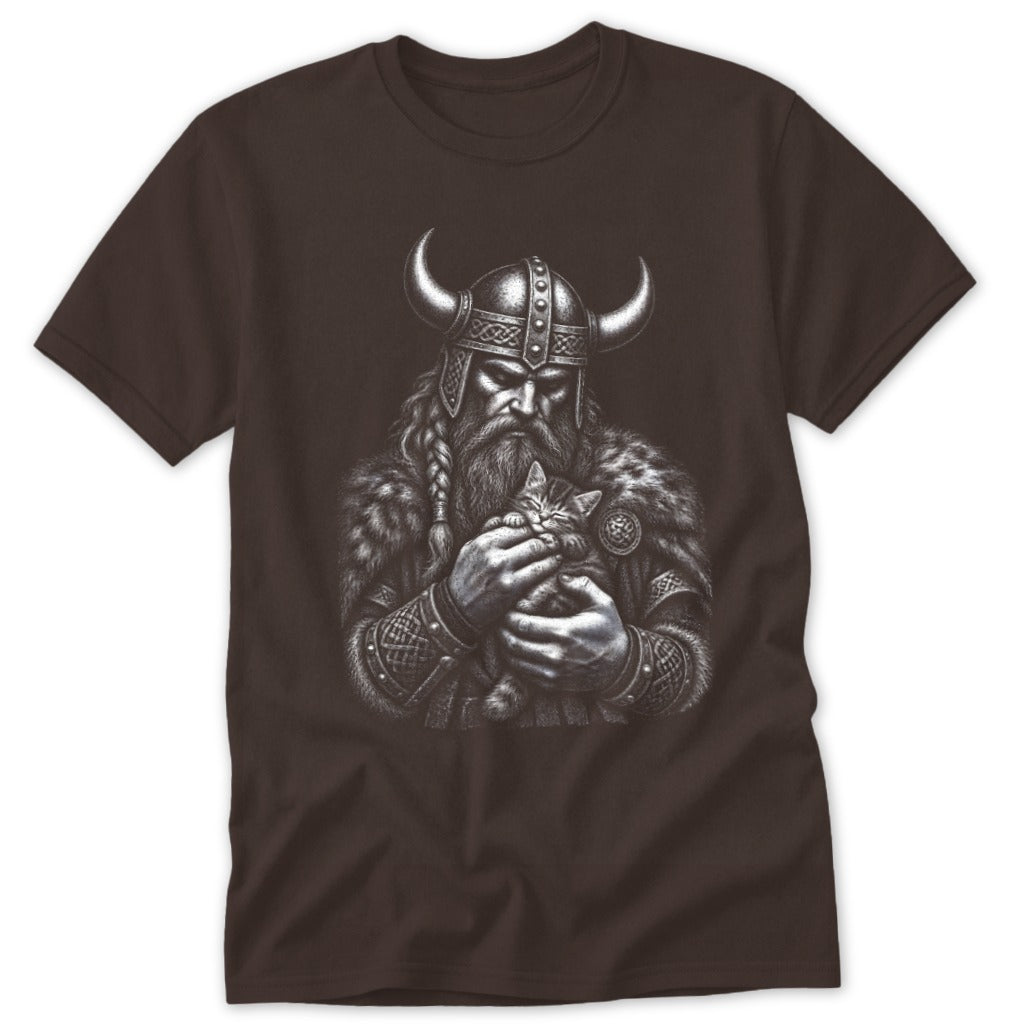 A dark brown t-shirt featuring a black-and-white graphic of a horned Viking holding a kitten.