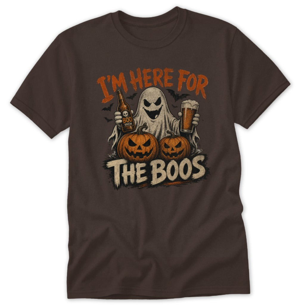 Ghost with beer and pumpkins, text reads "I'm Here For The Boos".