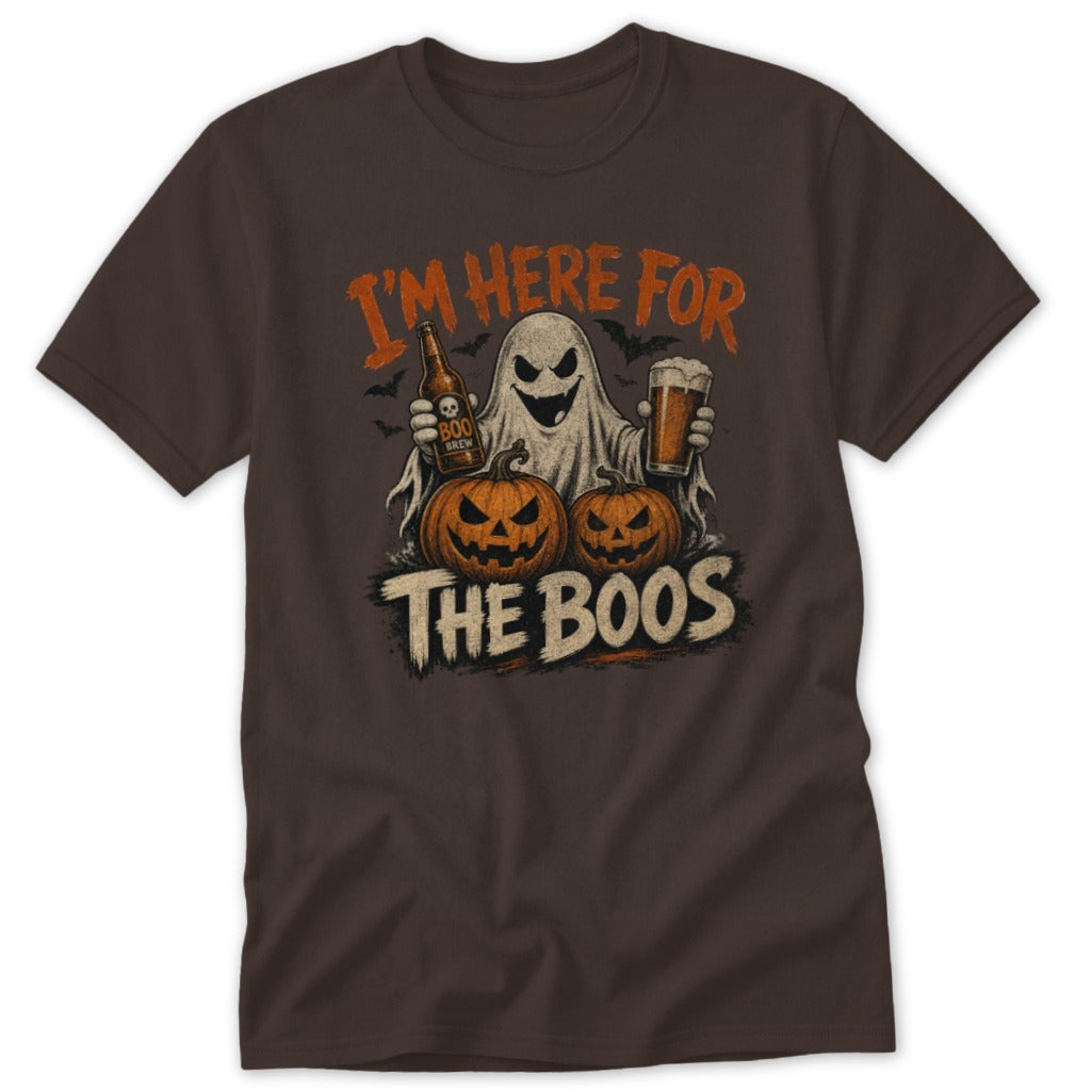 Ghost with beer and pumpkins, text reads "I'm Here For The Boos".
