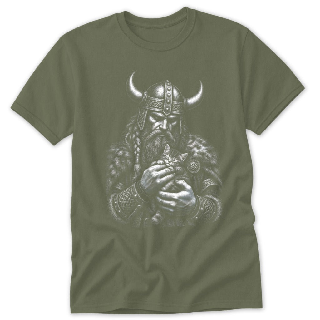 An olive green t-shirt featuring a white graphic of a horned Viking warrior tenderly holding a small kitten.