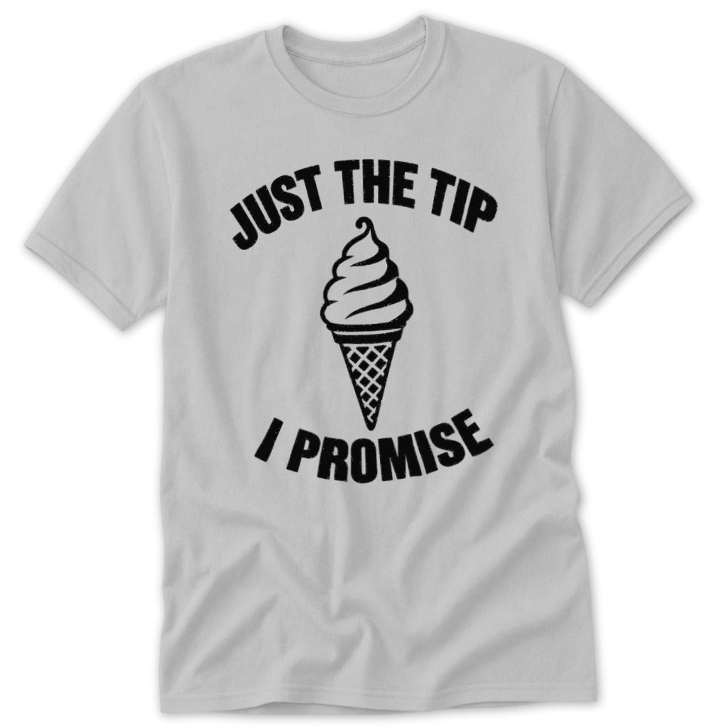 Light grey t-shirt with black graphic of an ice cream cone and text.