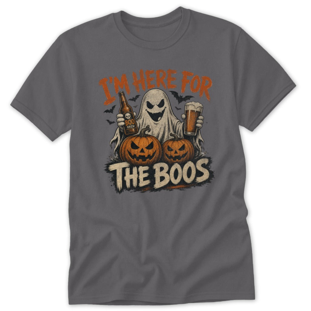 Ghost holding beer and pumpkins with text "I'm here for the boos."