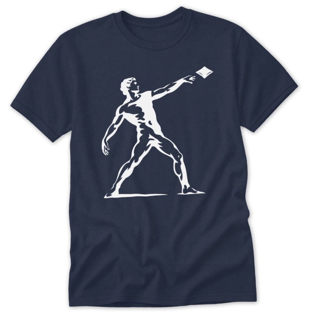 Navy t-shirt with white graphic of a man throwing a book.